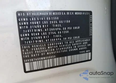 2021 Volkswagen Tiguan Se z USA, uszkodzony, nr VIN 3VV3B7AX0MM066659